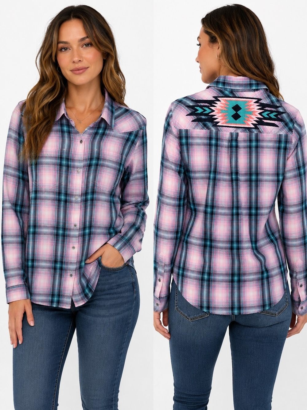 Ariat Western Plaid Shirt M Pink Turquoise Aztec Embroidered Cowgirl